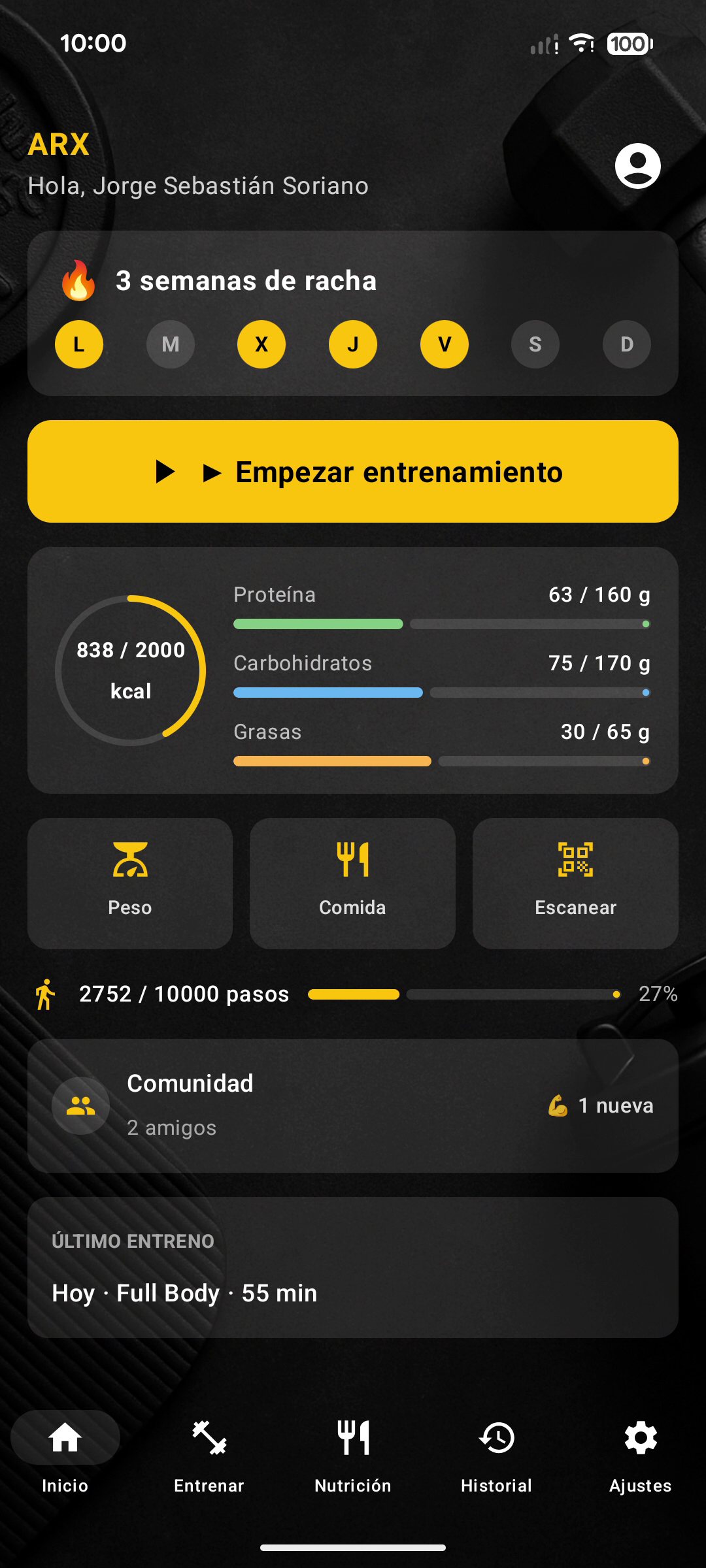 Inicio: racha semanal, macros del día y último entreno