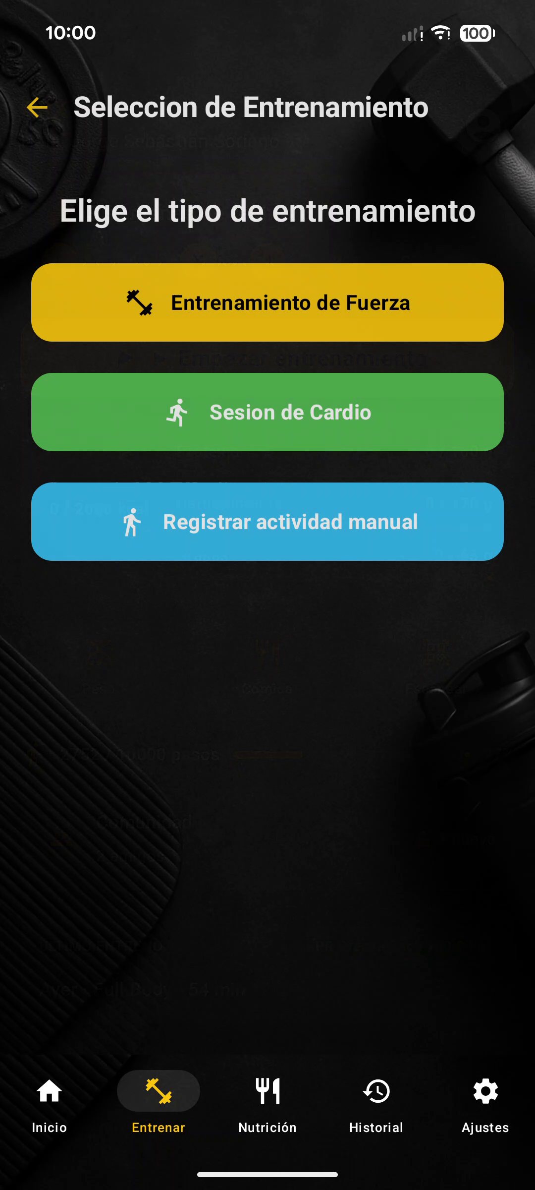 Elegir fuerza, cardio o actividad manual