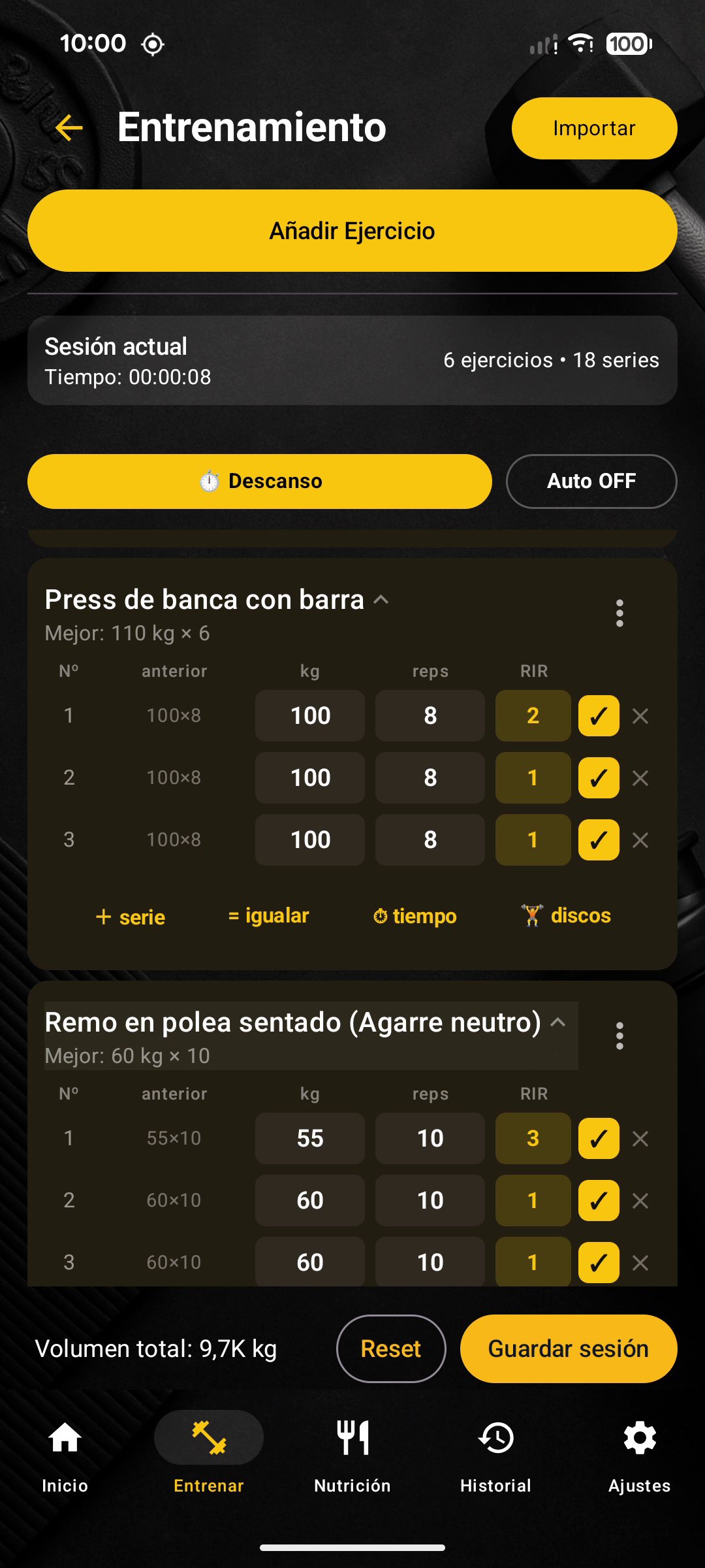 Serie a serie con peso, repeticiones y RIR