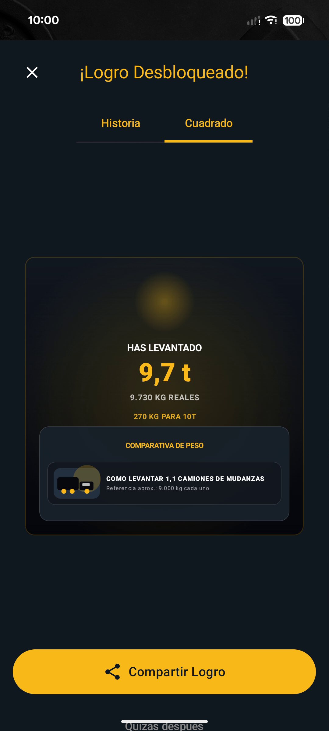 Logro desbloqueado al guardar: 9,7 t levantadas