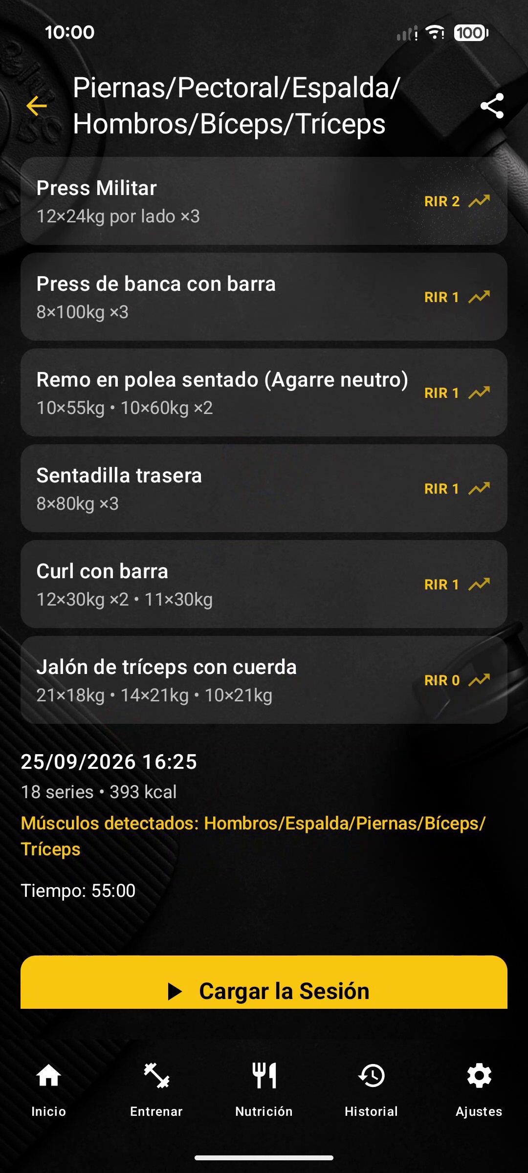 Historial: detalle de una sesión con su RIR
