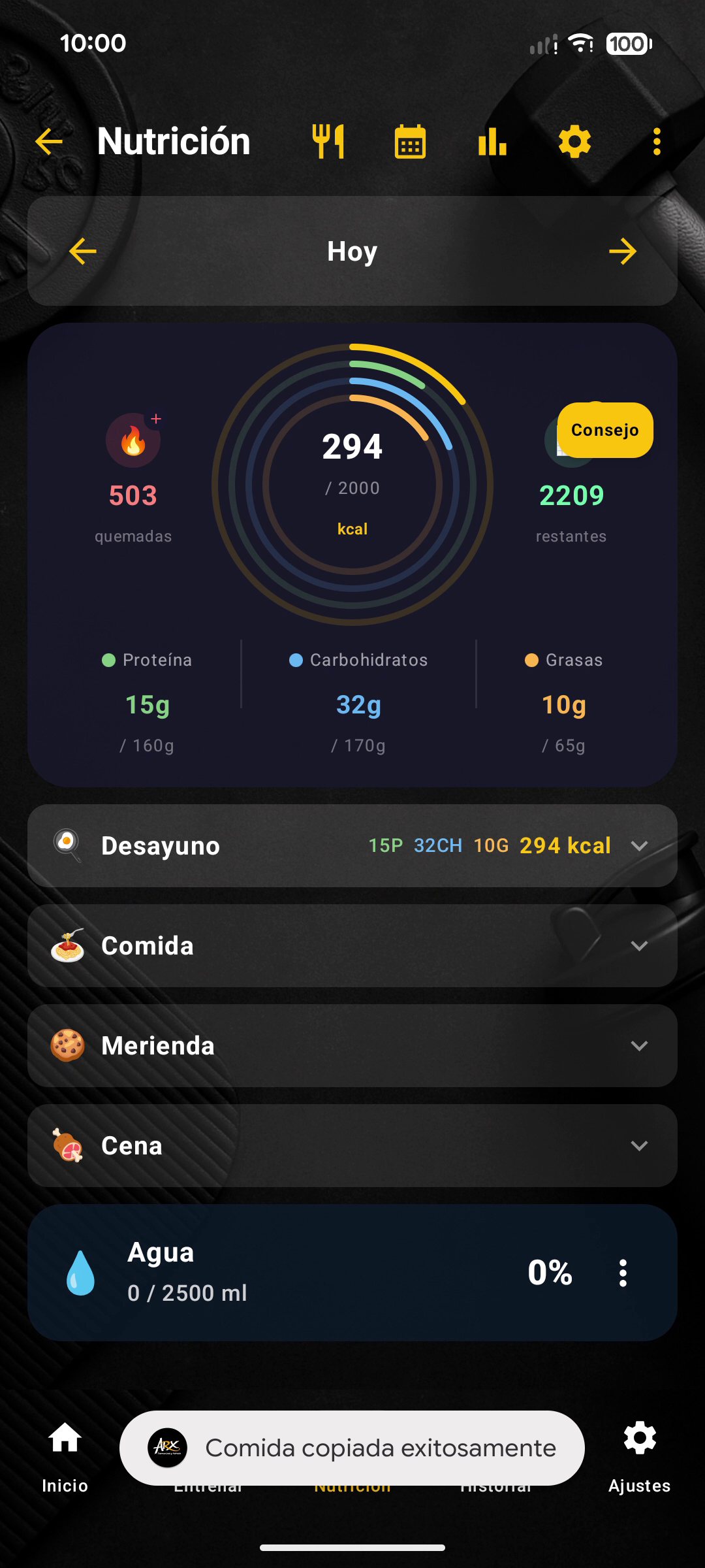 Nutrición: calorías y macros del día