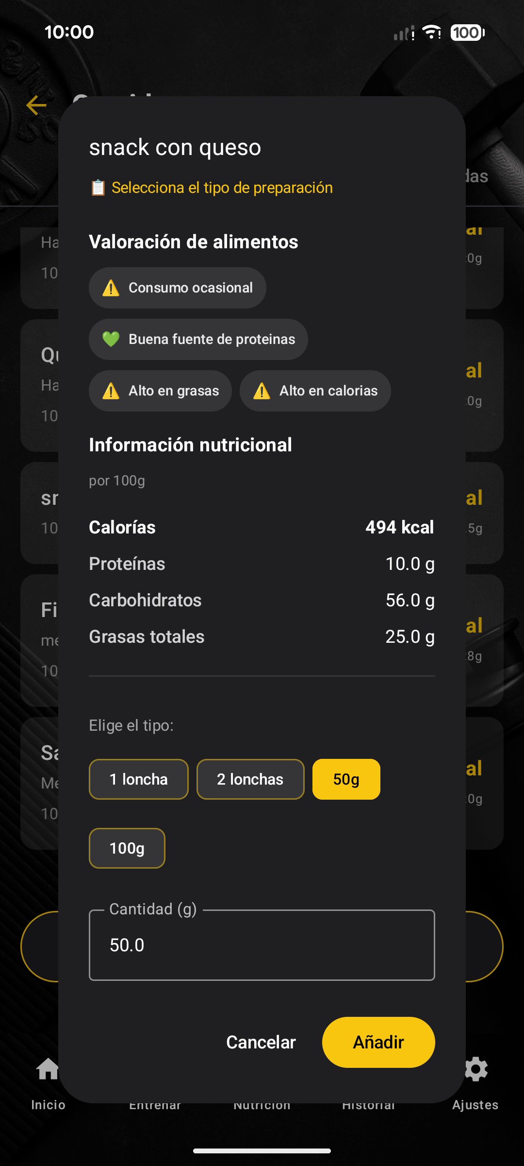 Valoración de un alimento al añadirlo